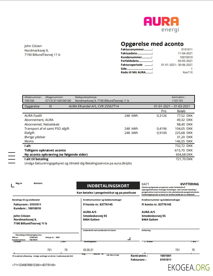 Denmark AURA Energi utility bill template in Word and PDF format